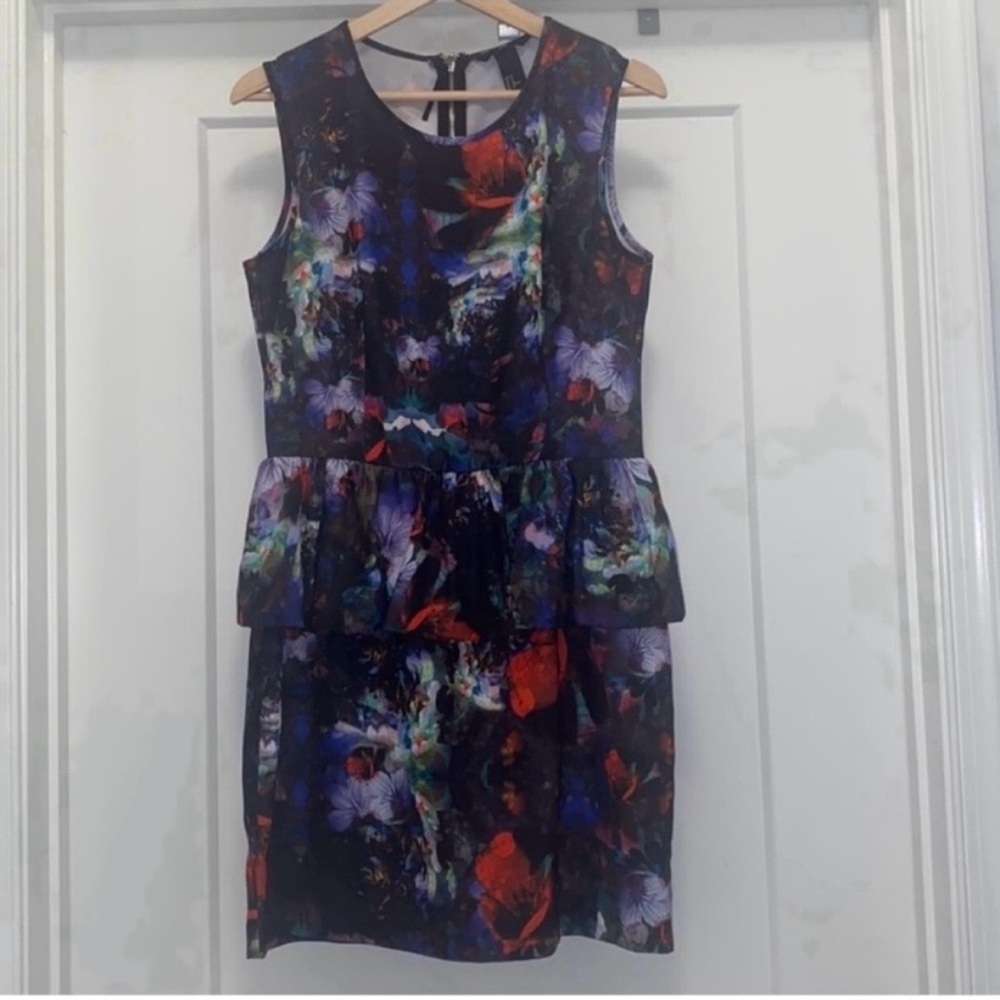 ❤️💜 H&M Black, Red, Purple, and White Floral Peplum Sleeveless - Dress - Size 10